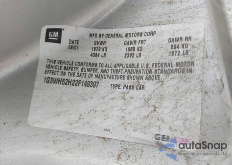 2002 Oldsmobile Intrigue Gx z USA, uszkodzony, nr VIN 1G3WH52H22F149397